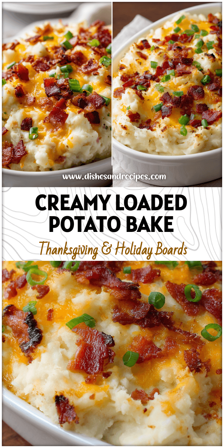 Baked Loaded Mashed Potato Casserole topped with melted cheese, bacon bits, and green onions in a white dish